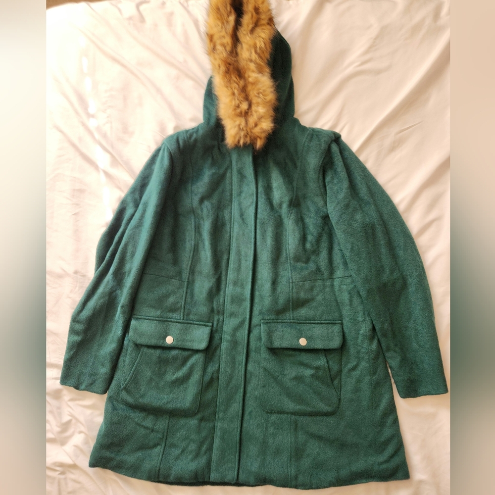 Torrid Teal Hooded Puffer Coat with Faux Fur Trim